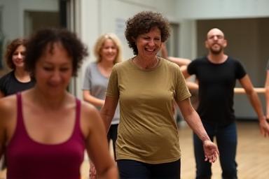 Adults smiling and learning basic dance steps in a class.