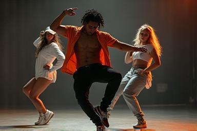 Hip hop dancers in a dynamic pose, showcasing urban style.