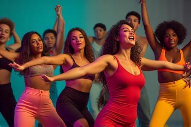 Group of energetic jazz dancers performing a dynamic routine.