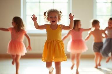 Children happily dancing and playing in a bright studio.