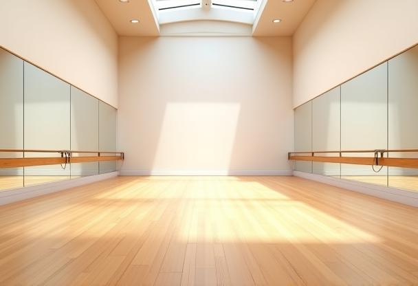 Spacious dance studio with beautiful wooden floor and high ceilings.